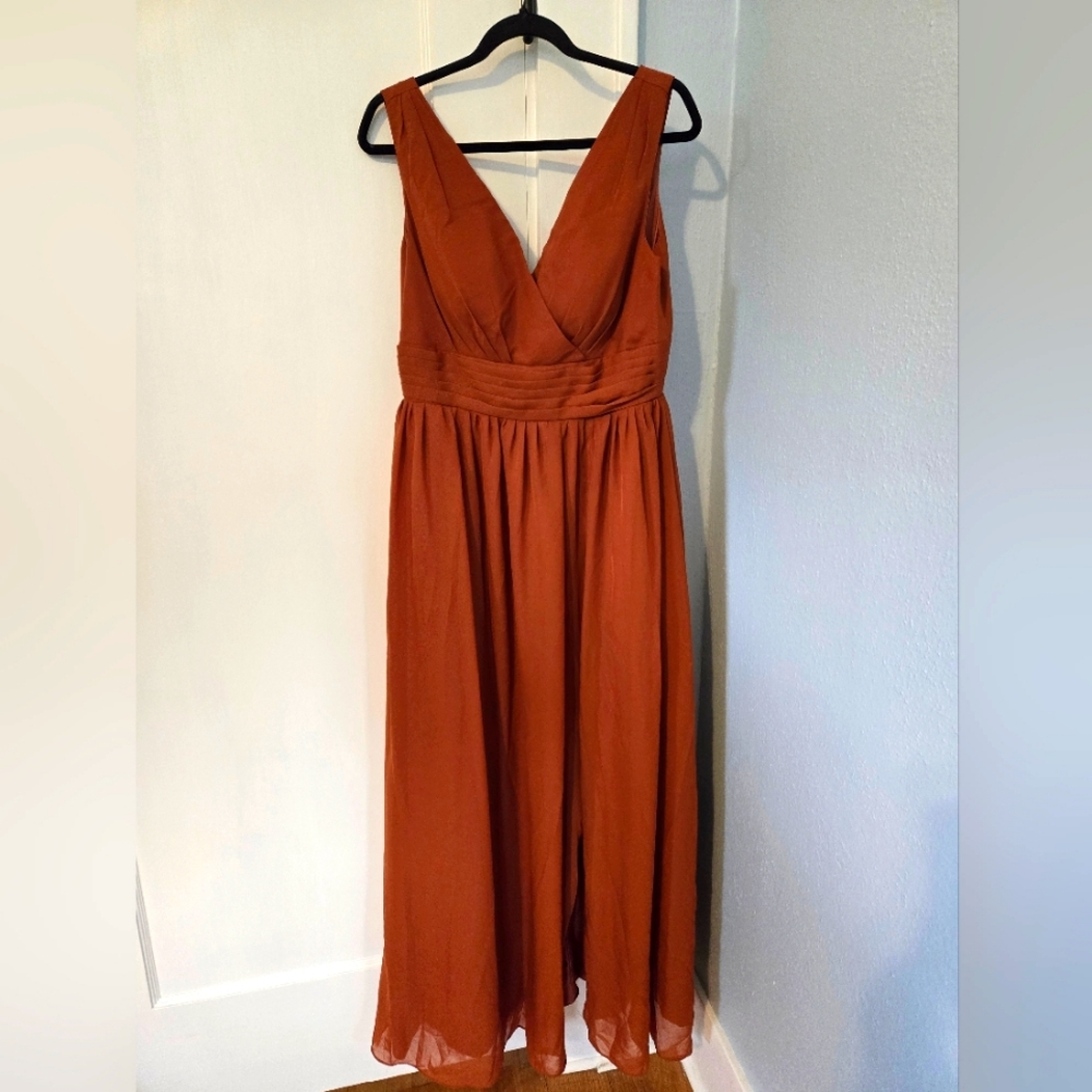 Burnt Orange Bridesmaids Dress - Size 10, V Neck, slit